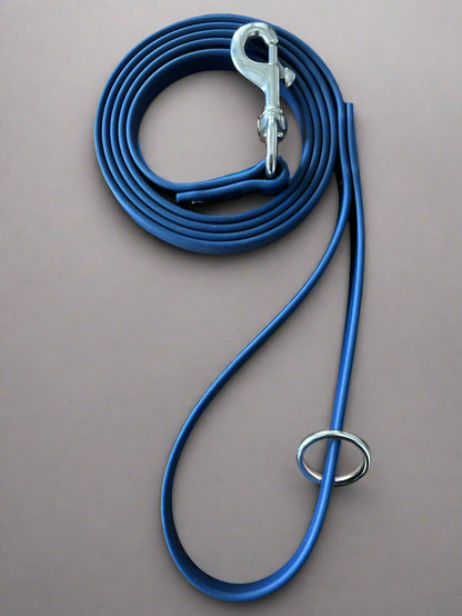 Blue dog leash with stainless steel hardware natural wood background